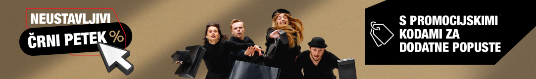 Reklamna pasica z napisom »Neustavljivi črni petek %« in »S promocijskimi kodami za dodatne popuste«, na kateri skupina ljudi v črnih oblačilih teče z nakupovalnimi vrečkami